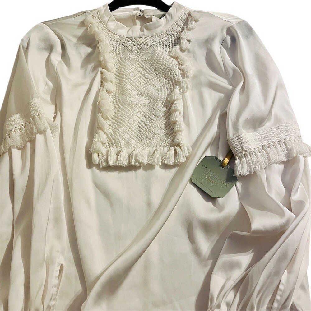 Ryegrass Blouse Womens Small Ivory Boho Tunic Lace Bib Tassel Fringe
